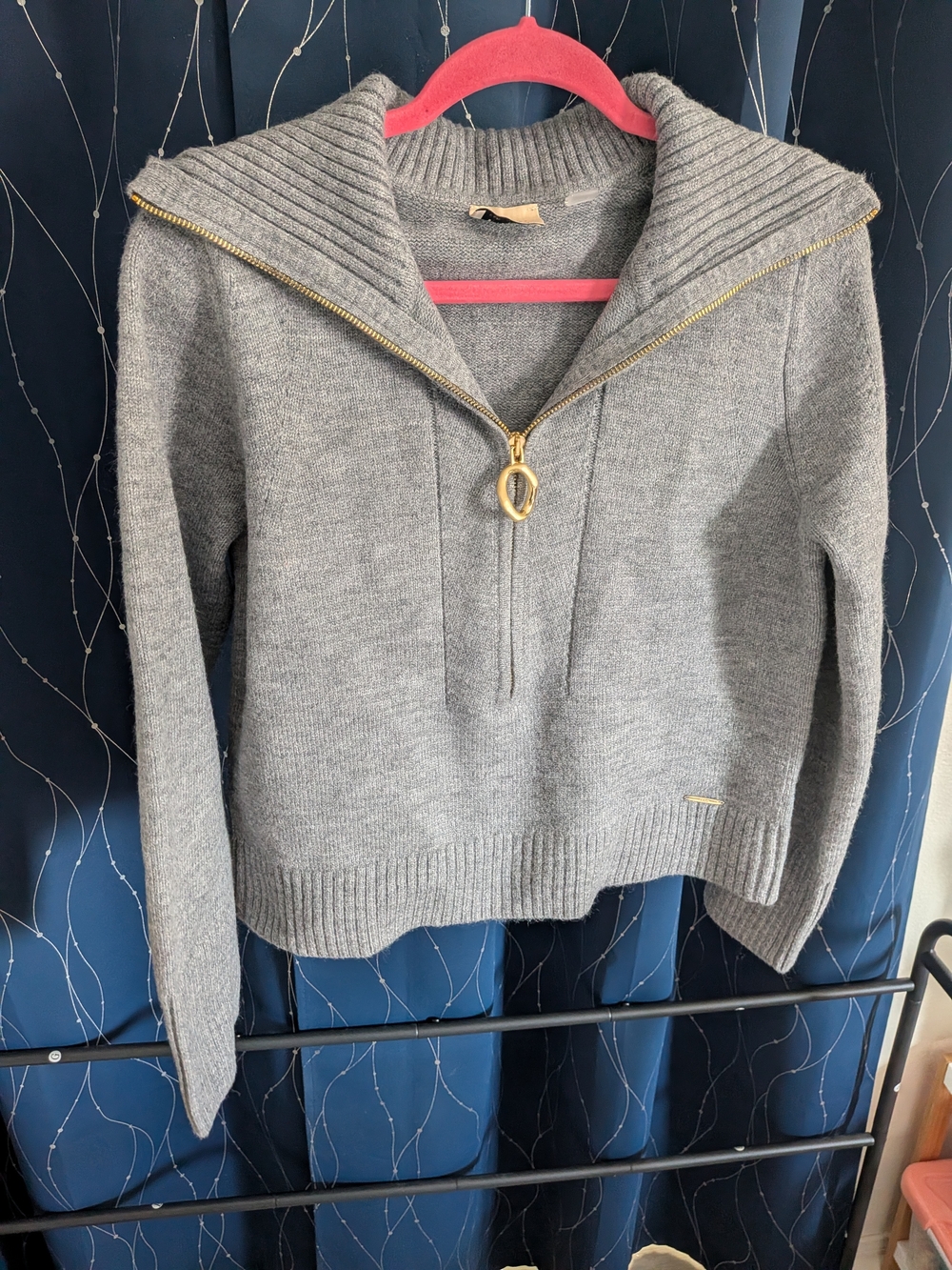 Gray Half-Zip Ribbed Collar Women's Sweater